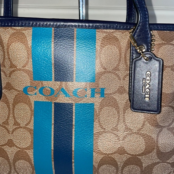 Coach Varsity Stripe City Zip Tote Signature Midnight/Light Blue Stripe … - Picture 2 of 8
